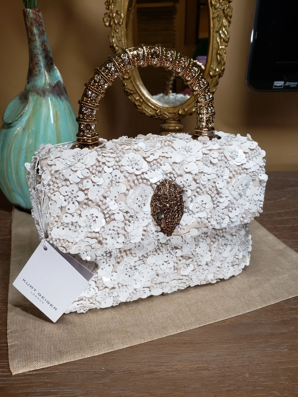 Kurt Geiger White Sequin Beaded Floral Top-Handle Satchel w/ Crossbody NWT! - Picture 6 of 17
